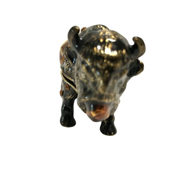 Buffalo Figurine Trinket Box With Hinged Lid & Crystal Accents - Picture 9 of 10